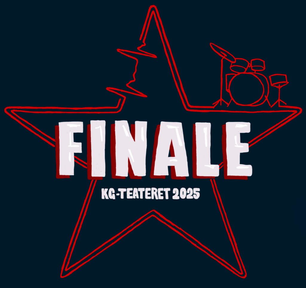 Stjernekontur med trommesett inni. Fet tekst "FINALE" i midten. Under står det i mindre tekst «KG-Teateret 2025».