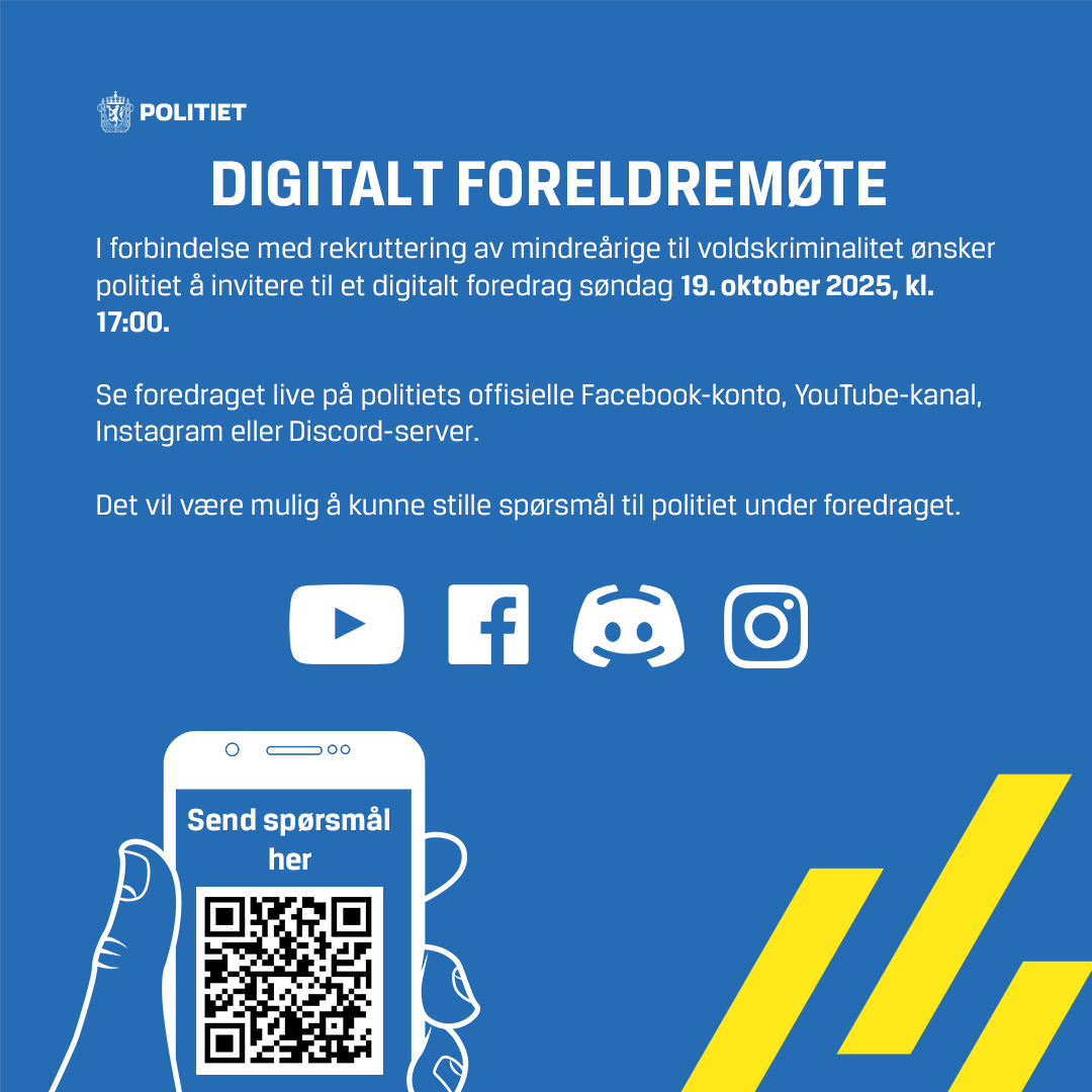 Informasjonsplakat fra norsk politi om et digitalt foreldremøte om ungdomskriminalitet, med informasjon om arrangementet, ikoner for sosiale medier og en QR-kode for innsending av spørsmål.